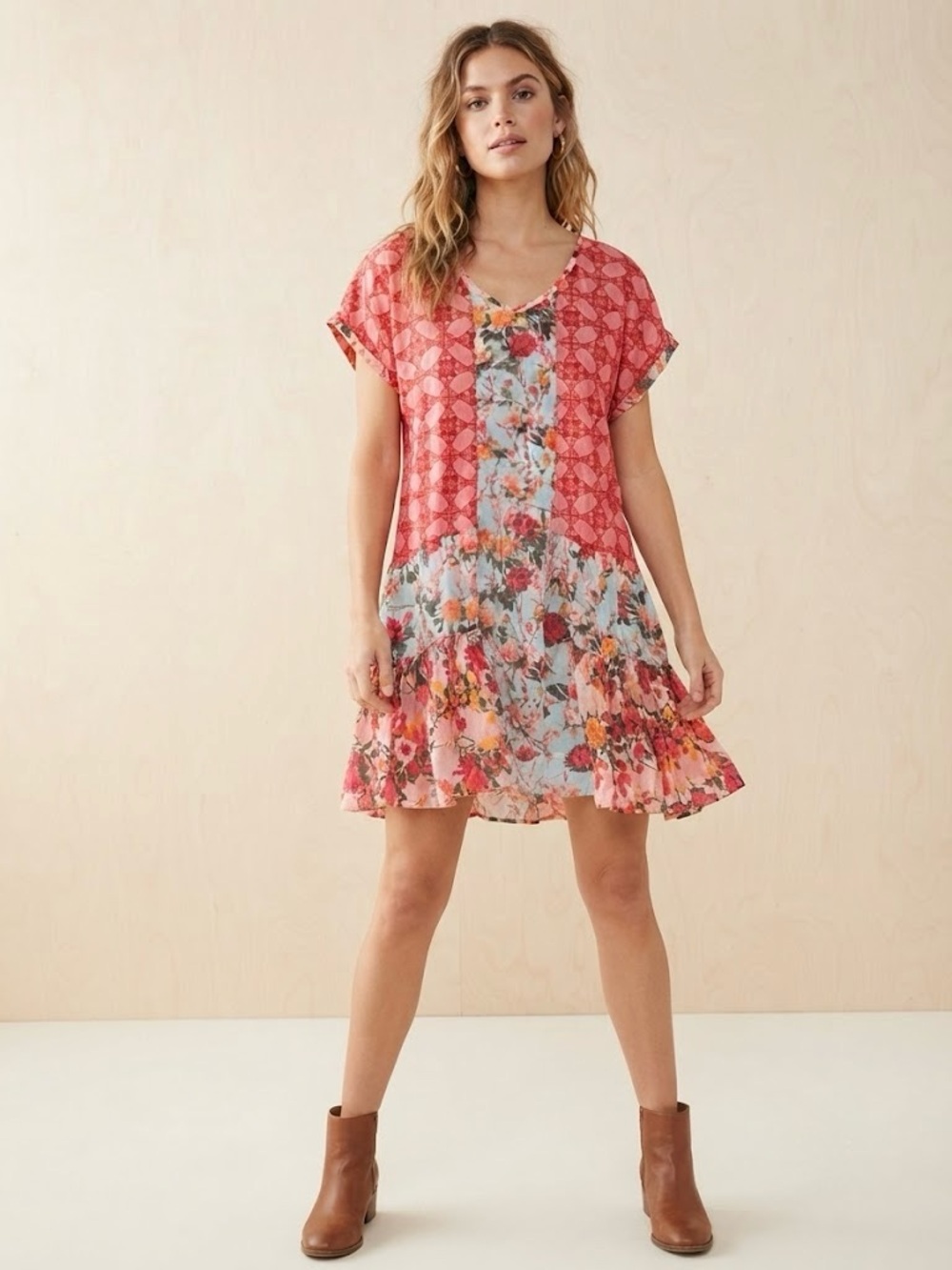 Sundance Red & Blue Mixed Print Floral Patchwork Cotton Viscose Tiered Dress XL